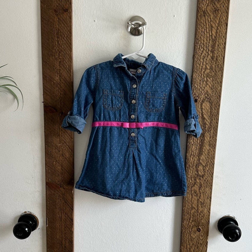 Y2K Nannette 3T Girl Denim Tunic Dress Cotton Silver Dots Hot Pink Faux Belt